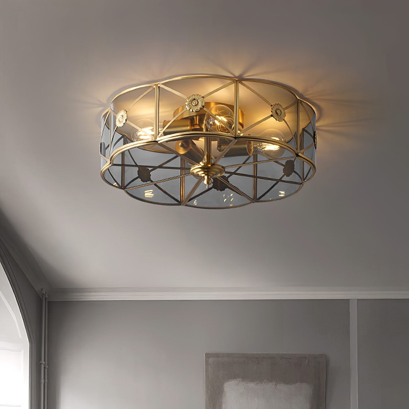 vintage-industrial-carved-brass-flush-mount-ceiling-lamp-with-glass-shade