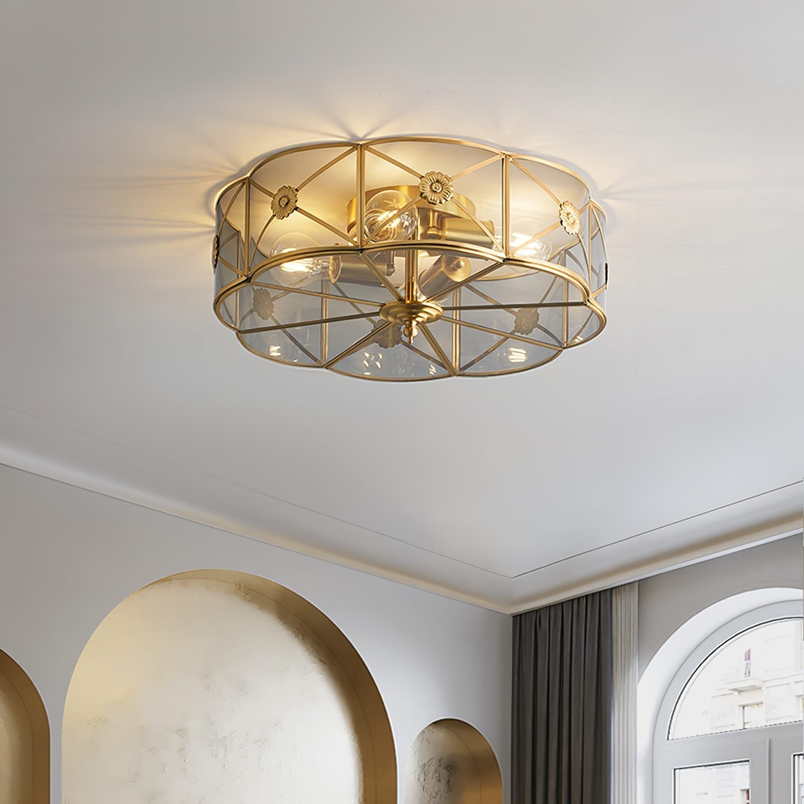 vintage-industrial-carved-brass-flush-mount-ceiling-lamp-with-glass-shade