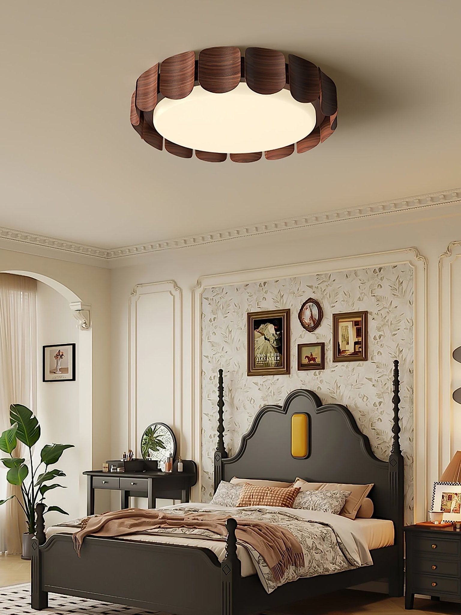 Modern Walnut Wood Grain LED Flush Mount Ceiling Lamp Cascadia Flare Style