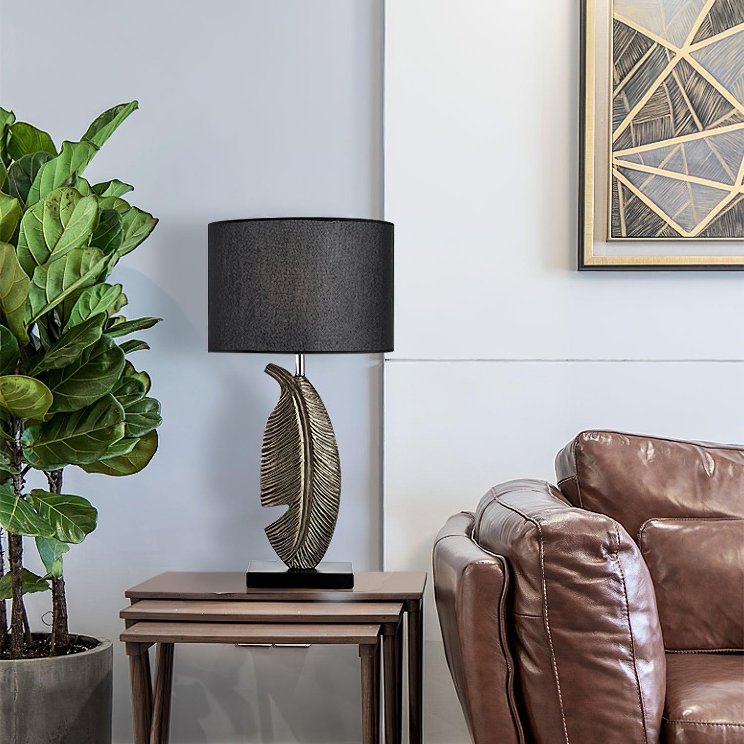 Cayo Metallic Gold Table Lamp with Black Marble Base and Fabric Drum Shade