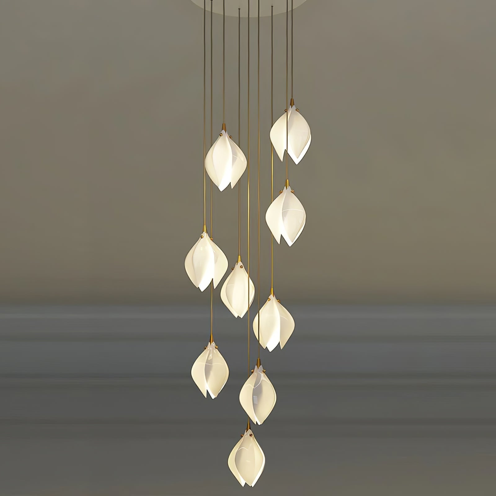 Bloom Ceramic Floral Pendant Light with White Porcelain Flower Buds and Brass Accents