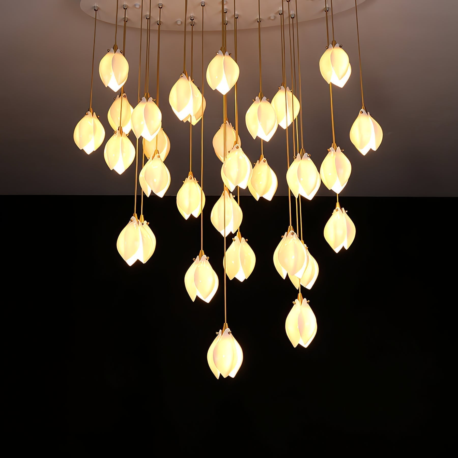 Bloom Ceramic Floral Pendant Light with White Porcelain Flower Buds and Brass Accents