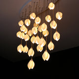 Bloom Ceramic Floral Pendant Light with White Porcelain Flower Buds and Brass Accents