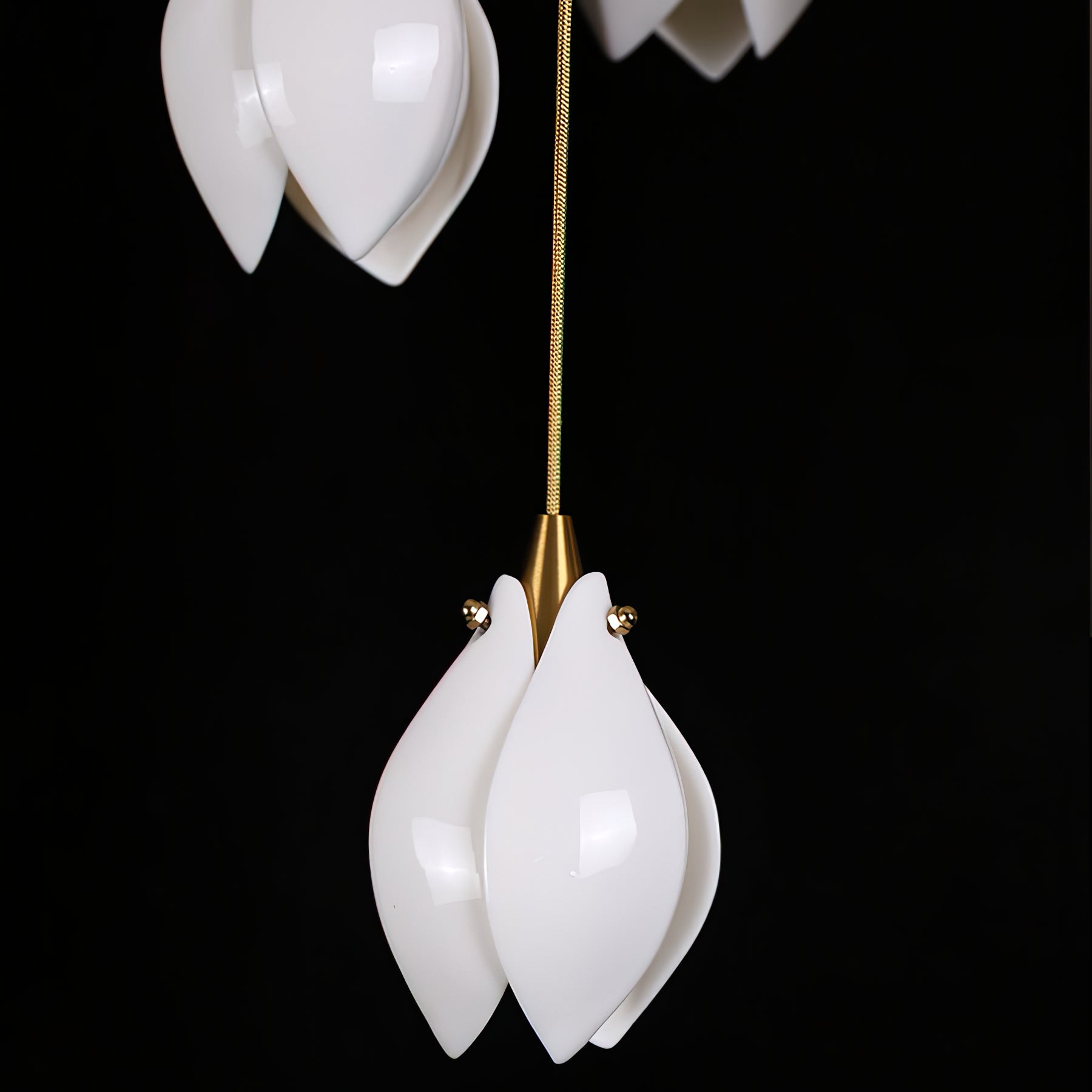 Bloom Ceramic Floral Pendant Light with White Porcelain Flower Buds and Brass Accents