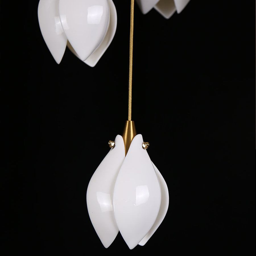 Bloom Ceramic Floral Pendant Light with White Porcelain Flower Buds and Brass Accents