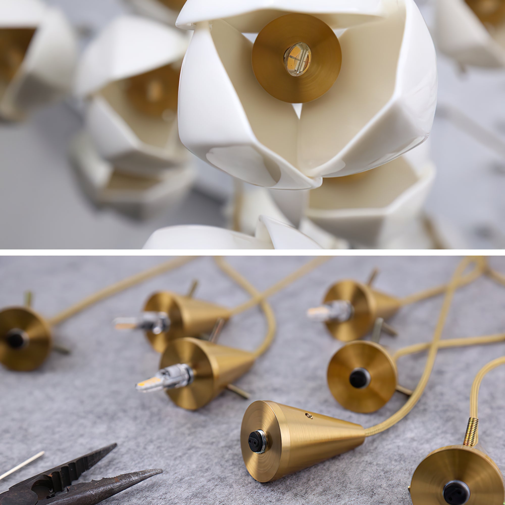 Bloom Ceramic Floral Pendant Light with White Porcelain Flower Buds and Brass Accents