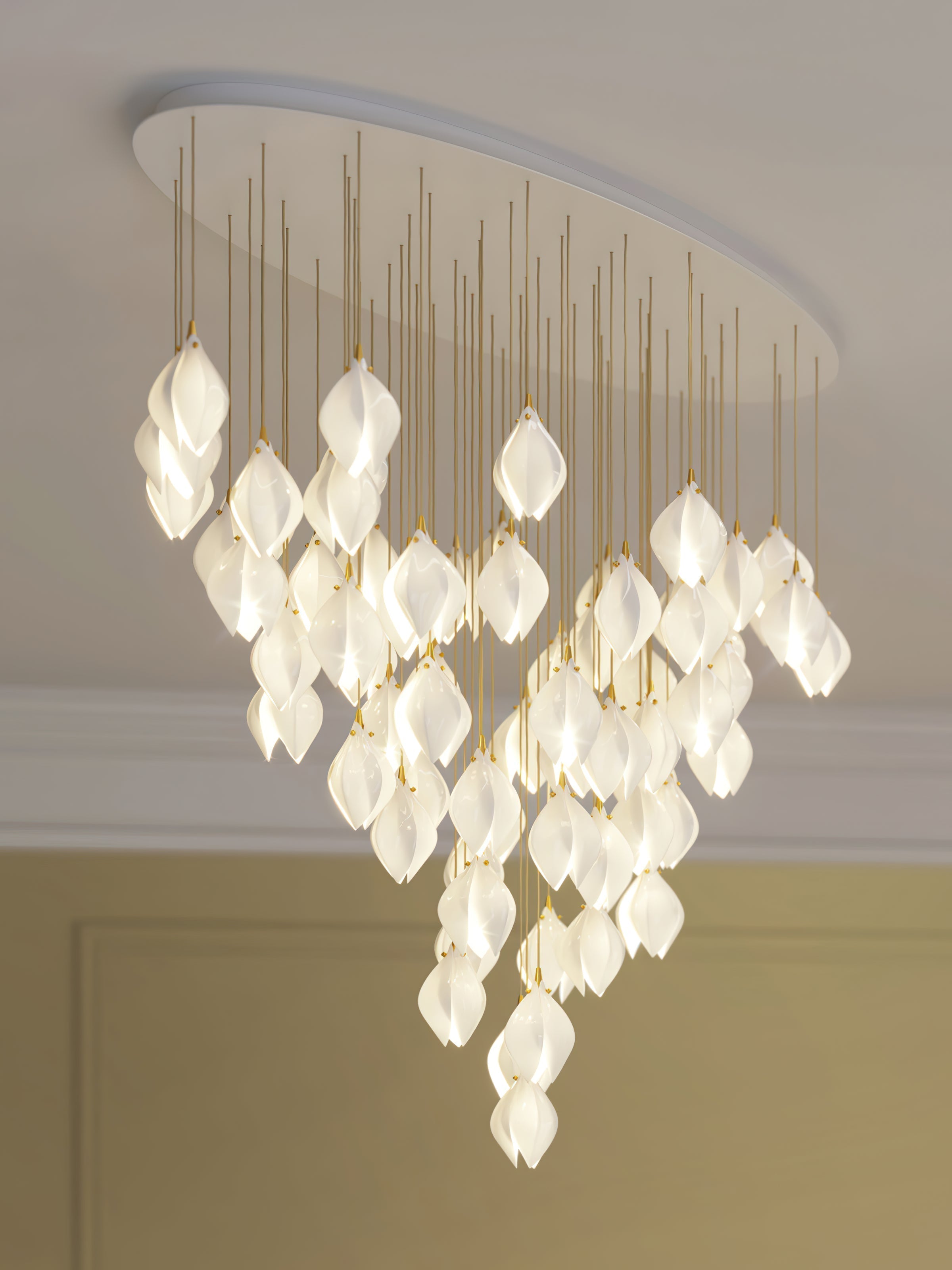 Bloom Ceramic Floral Pendant Light with White Porcelain Flower Buds and Brass Accents