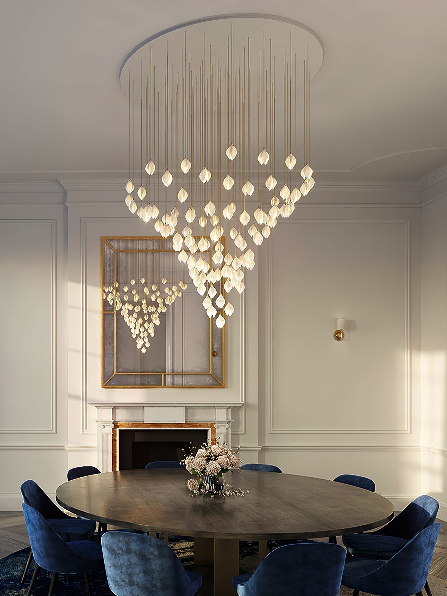 Bloom Ceramic Floral Pendant Light with White Porcelain Flower Buds and Brass Accents
