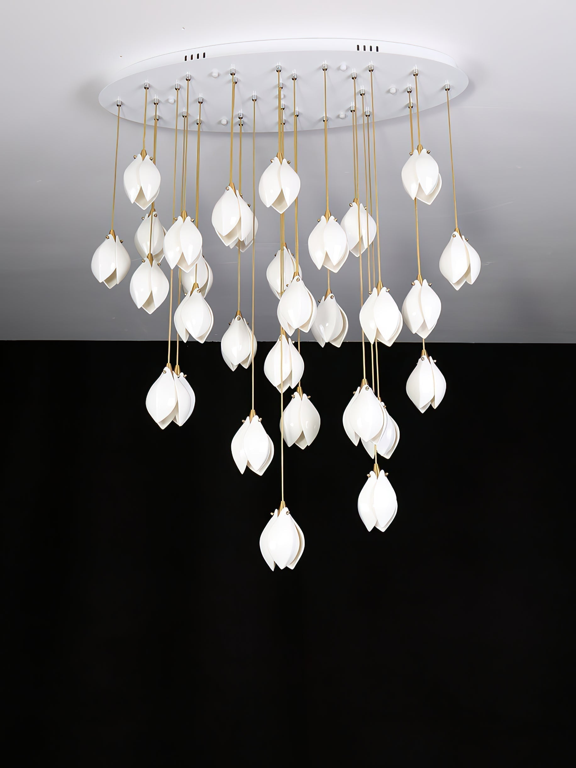 Bloom Ceramic Floral Pendant Light with White Porcelain Flower Buds and Brass Accents