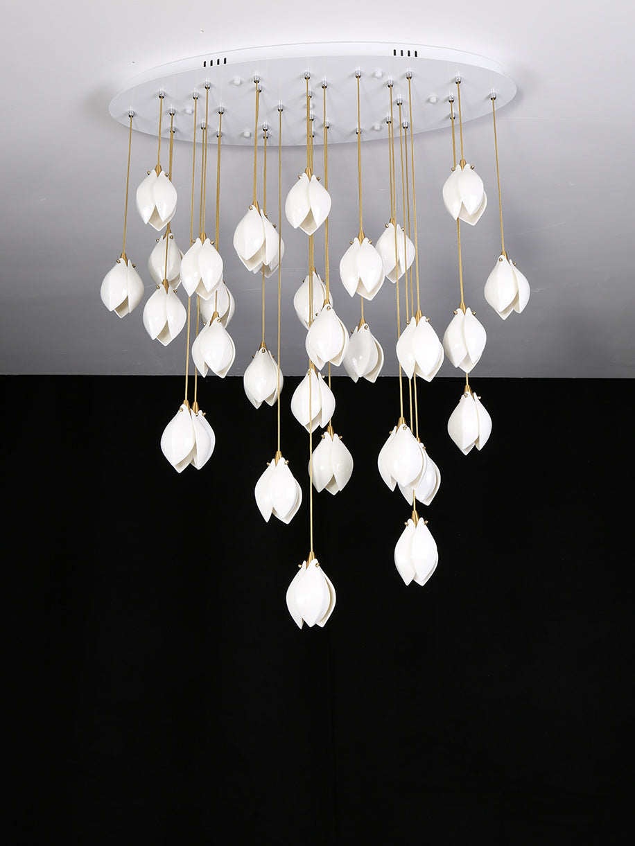 Bloom Ceramic Floral Pendant Light with White Porcelain Flower Buds and Brass Accents
