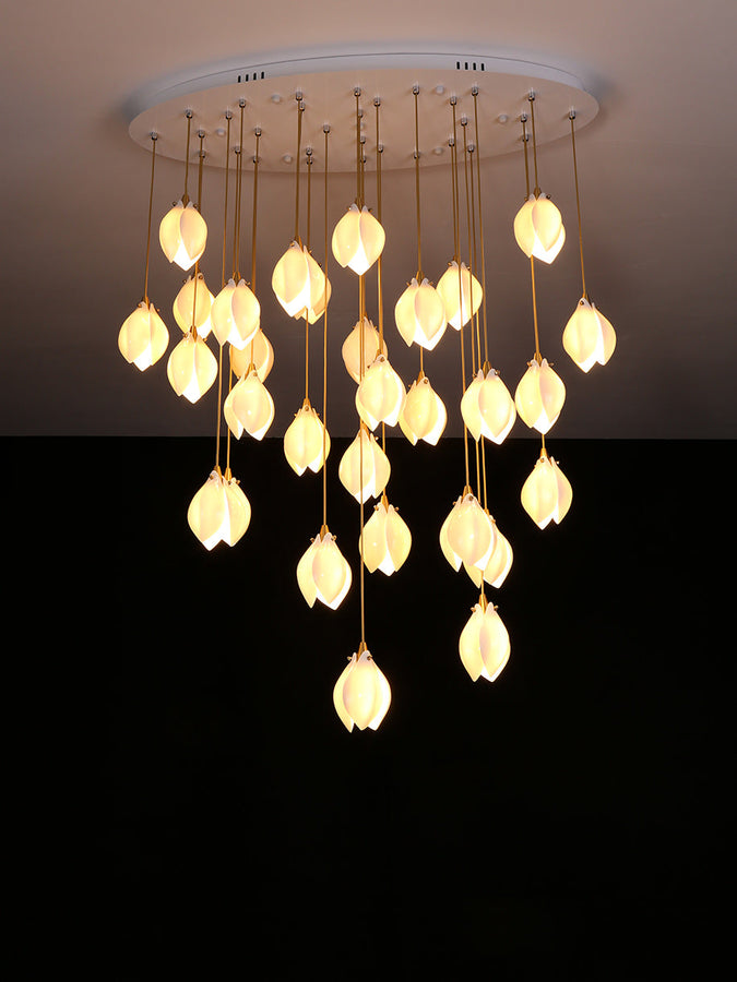 Bloom Ceramic Floral Pendant Light with White Porcelain Flower Buds and Brass Accents