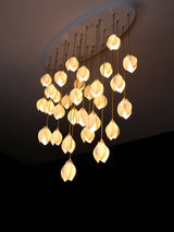 Bloom Ceramic Floral Pendant Light with White Porcelain Flower Buds and Brass Accents