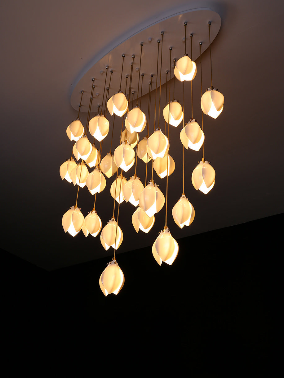 Bloom Ceramic Floral Pendant Light with White Porcelain Flower Buds and Brass Accents
