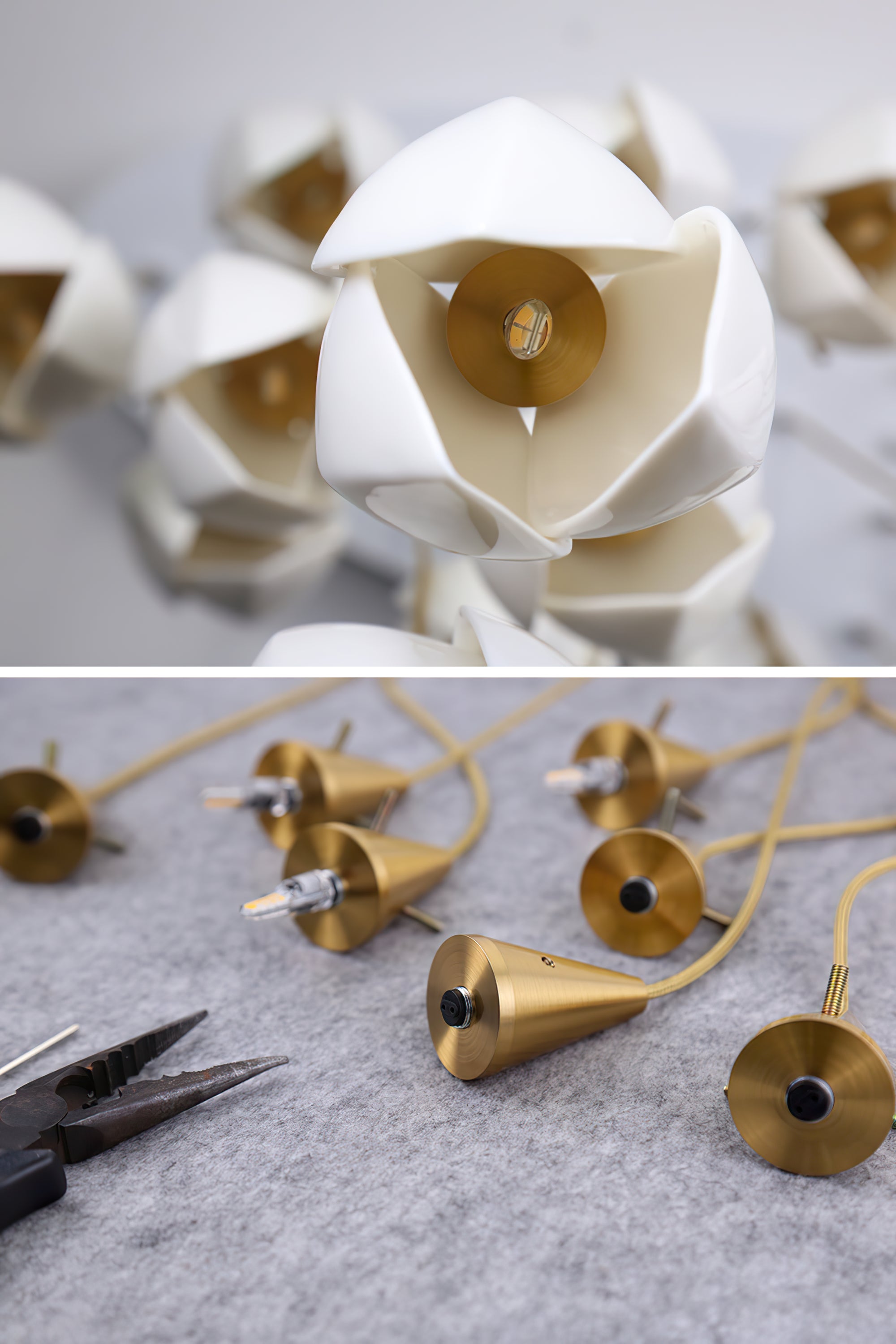 Bloom Ceramic Floral Pendant Light with White Porcelain Flower Buds and Brass Accents
