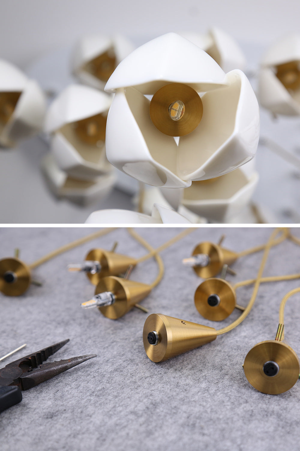Bloom Ceramic Floral Pendant Light with White Porcelain Flower Buds and Brass Accents