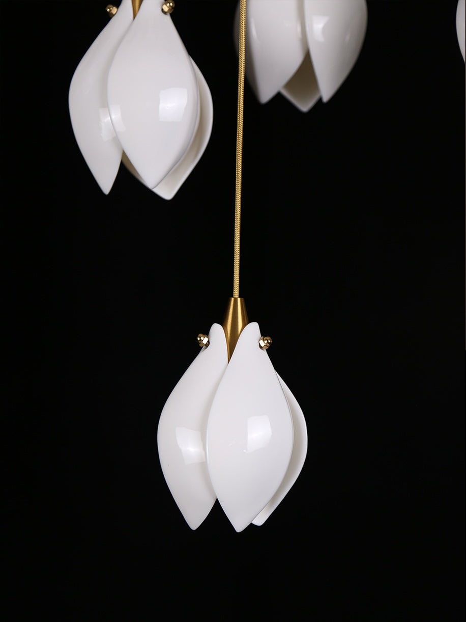 Bloom Ceramic Floral Pendant Light with White Porcelain Flower Buds and Brass Accents