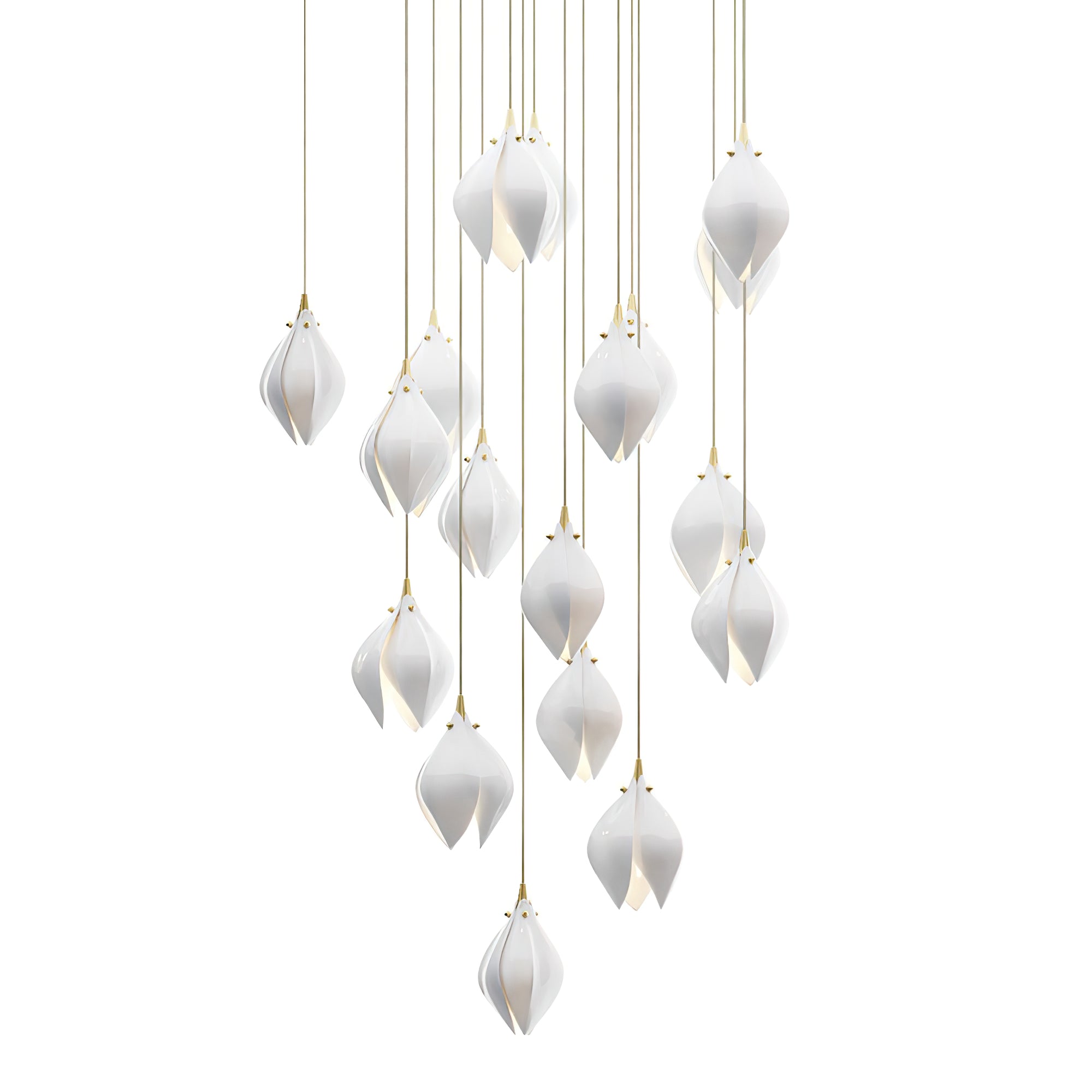 Bloom Ceramic Floral Pendant Light with White Porcelain Flower Buds and Brass Accents
