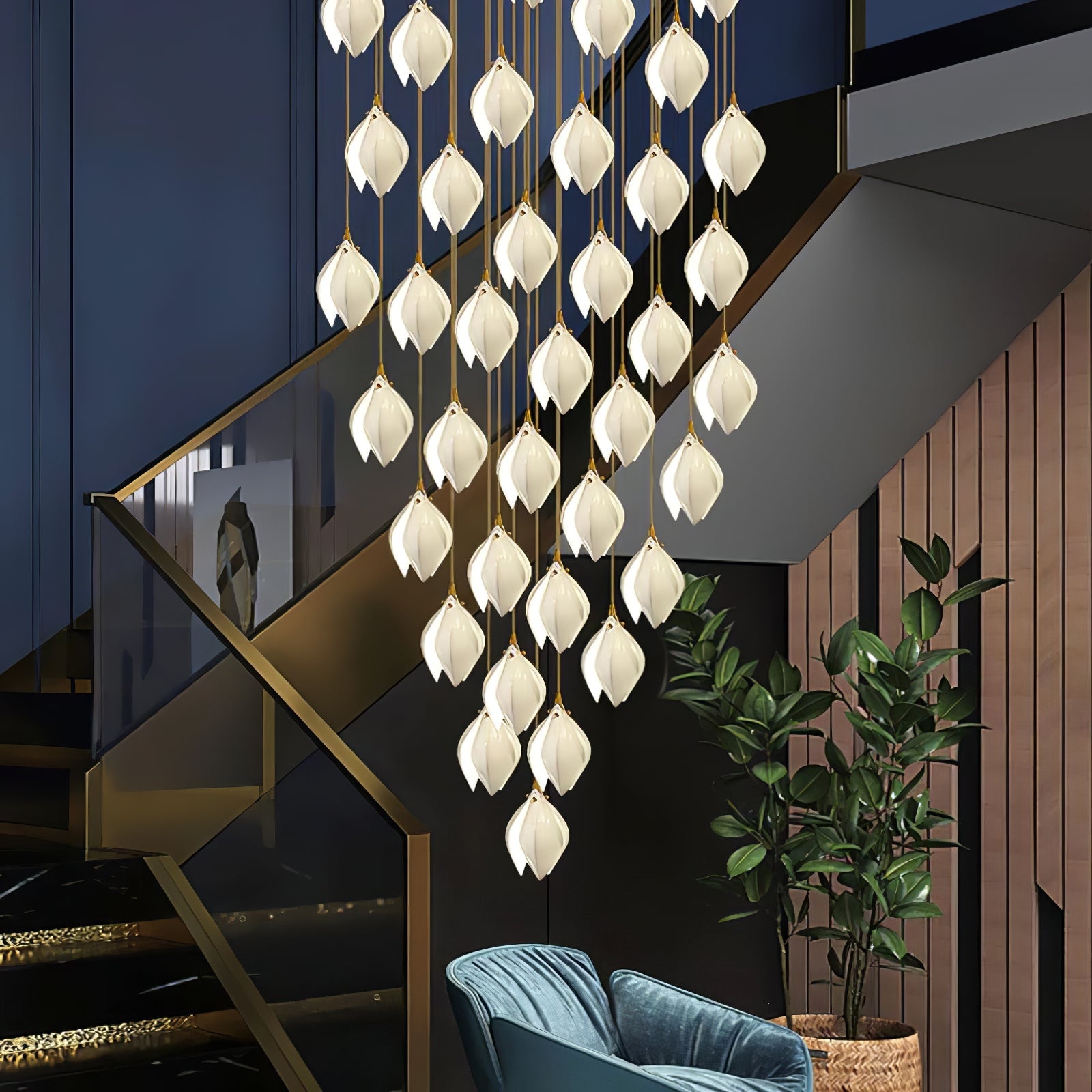 Bloom Ceramic Floral Pendant Light with White Porcelain Flower Buds and Brass Accents