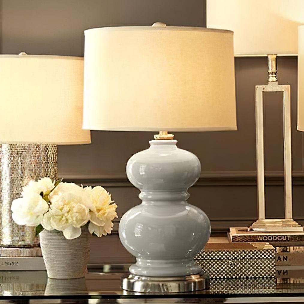 Modern Ceramic Gourd Table Lamp with Brushed Metal Base and White Cotton Shade