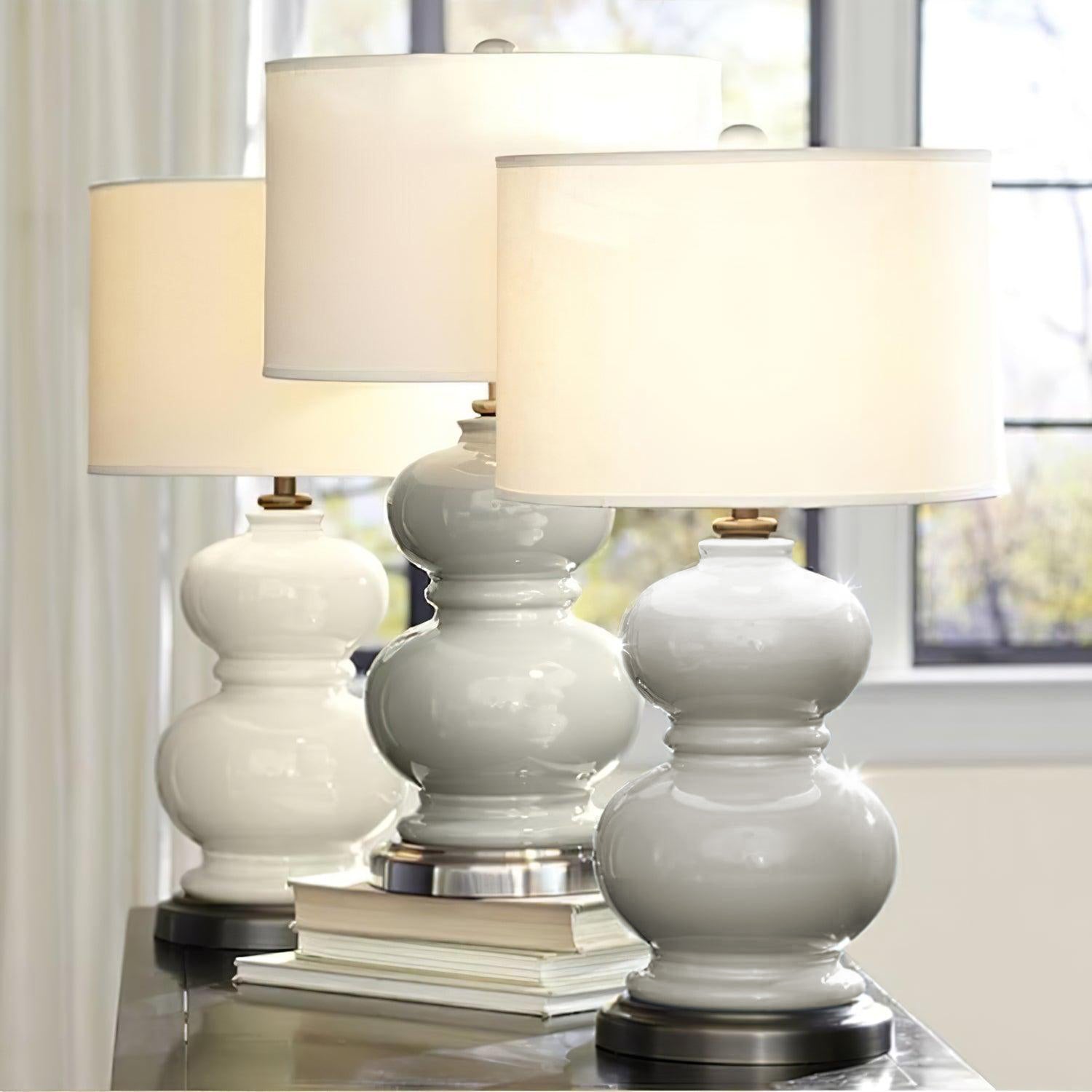 Modern Ceramic Gourd Table Lamp with Brushed Metal Base and White Cotton Shade