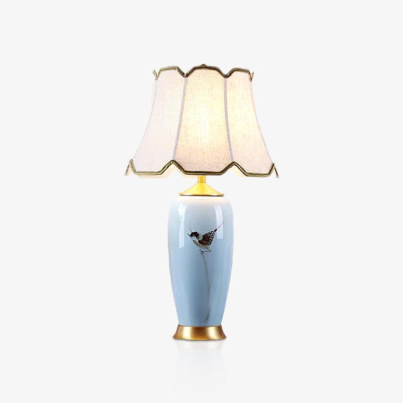 Elegant Blue Ceramic Oval Table Lamp with White Shantung Silk Shade for Modern Interiors