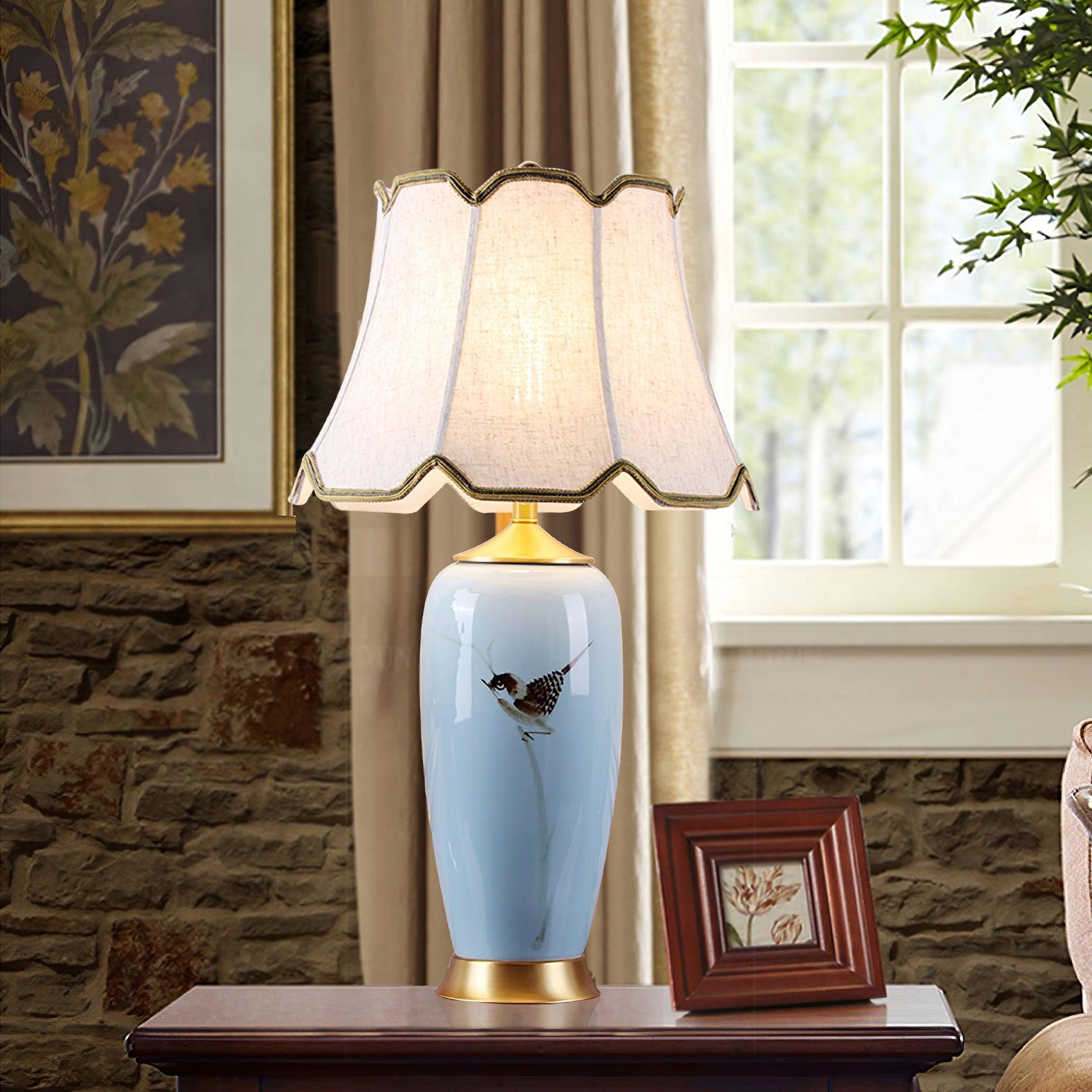 Elegant Blue Ceramic Oval Table Lamp with White Shantung Silk Shade for Modern Interiors