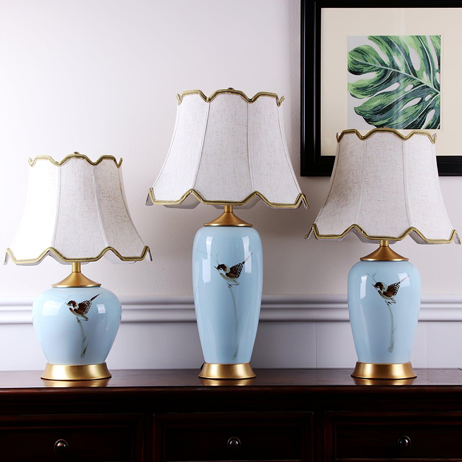 Elegant Blue Ceramic Oval Table Lamp with White Shantung Silk Shade for Modern Interiors