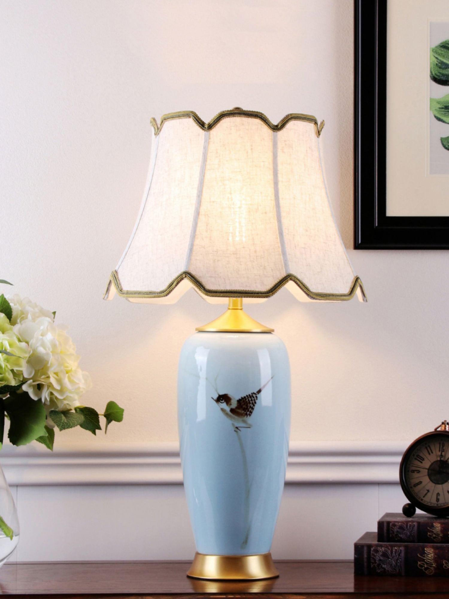 Elegant Blue Ceramic Oval Table Lamp with White Shantung Silk Shade for Modern Interiors