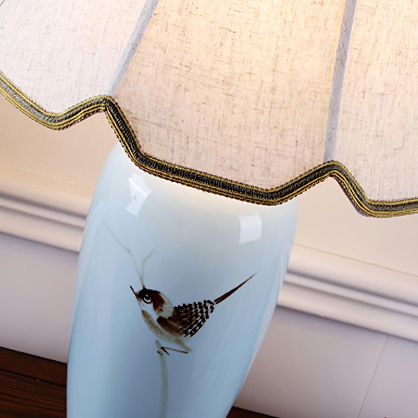 Elegant Blue Ceramic Oval Table Lamp with White Shantung Silk Shade for Modern Interiors