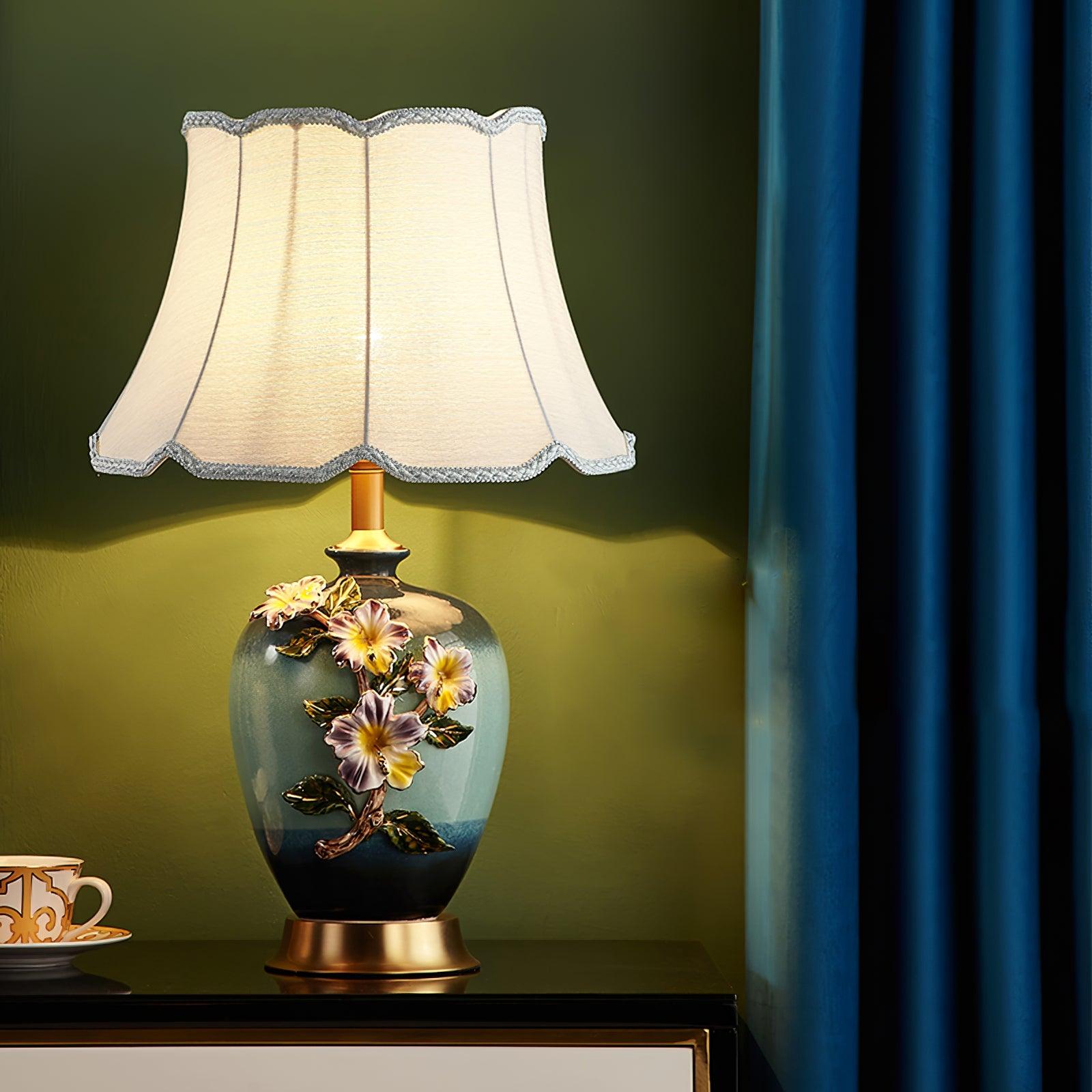 Elegant Handcrafted Ceramic Table Lamp with Gold Accents and White Fabric Shade for Home Decor