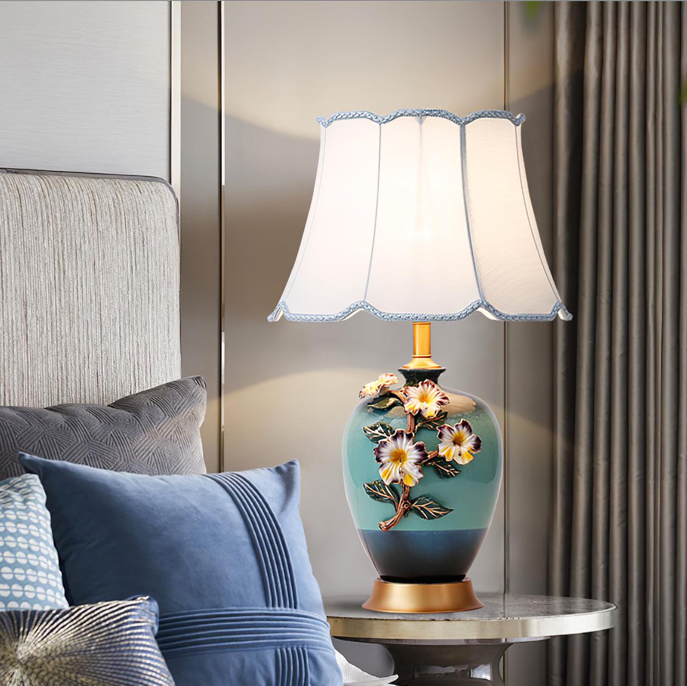 Elegant Handcrafted Ceramic Table Lamp with Gold Accents and White Fabric Shade for Home Decor