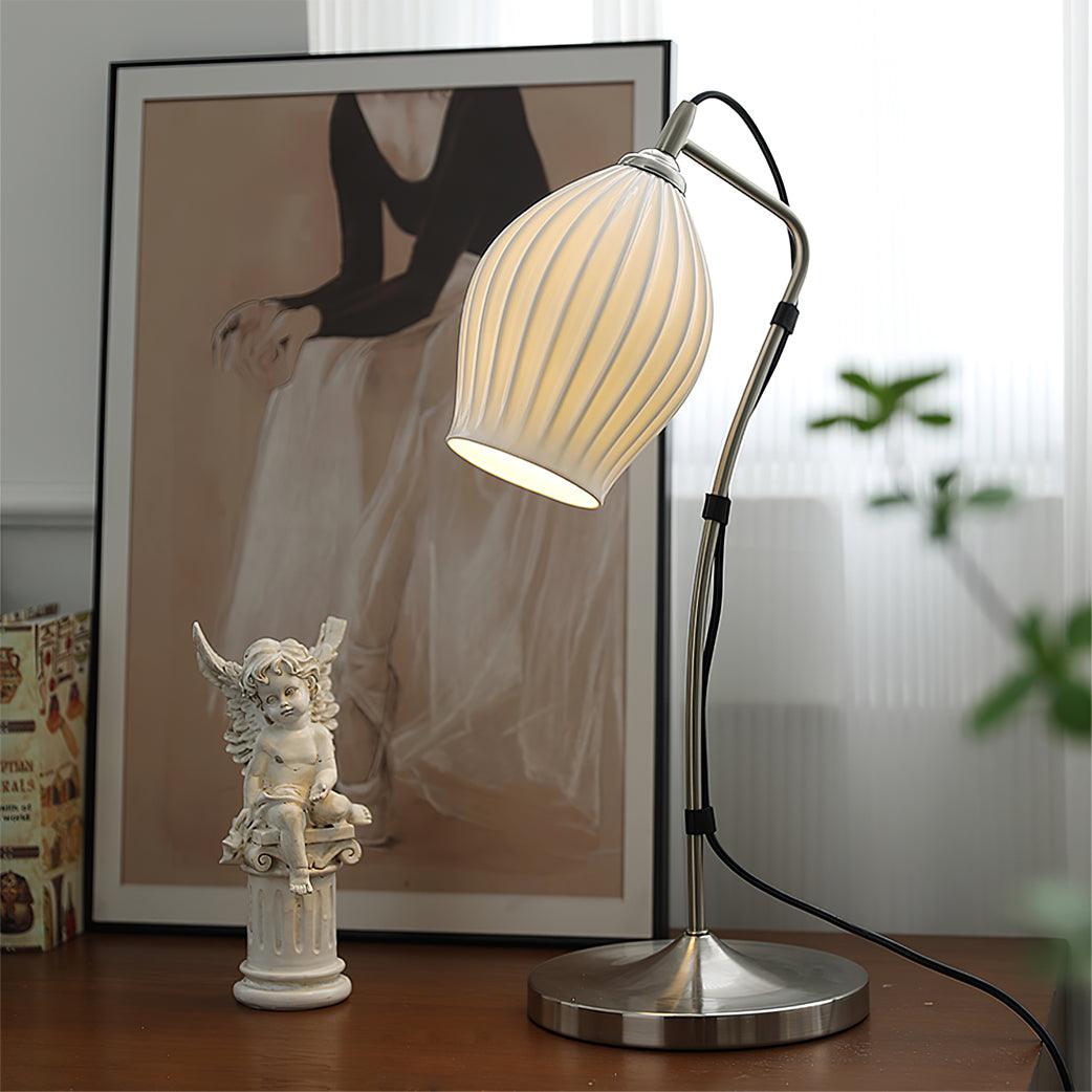 Elegant White Ceramic Ribbed Side Table Lamp for Modern Living Room Decor