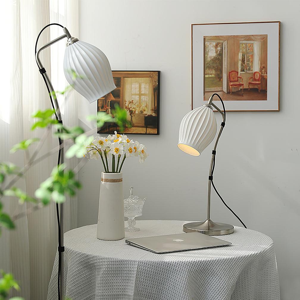 Elegant White Ceramic Ribbed Side Table Lamp for Modern Living Room Decor