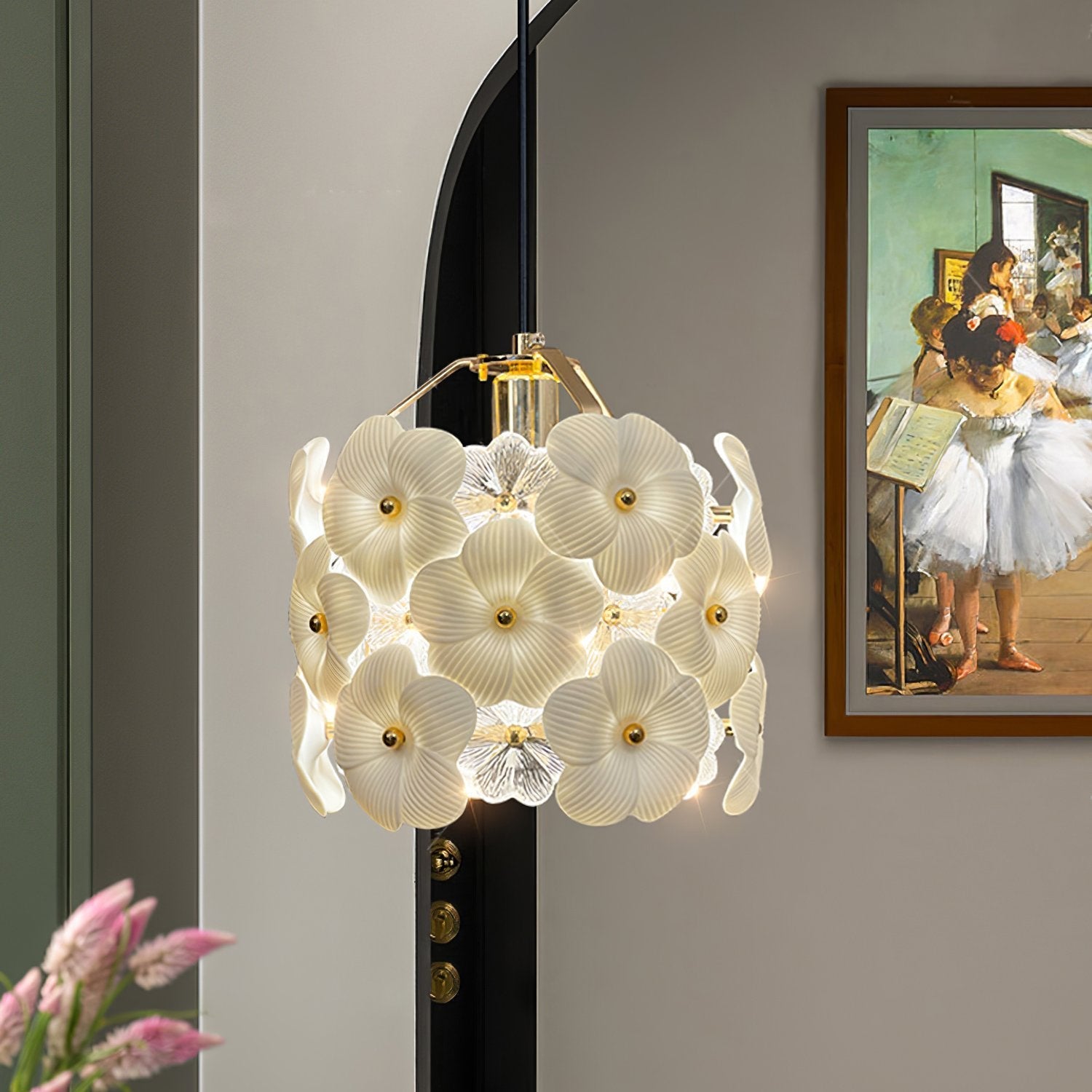 vintage-brass-and-flowered-glass-charlotte-pendant-light-fixture-for-entryway-lighting