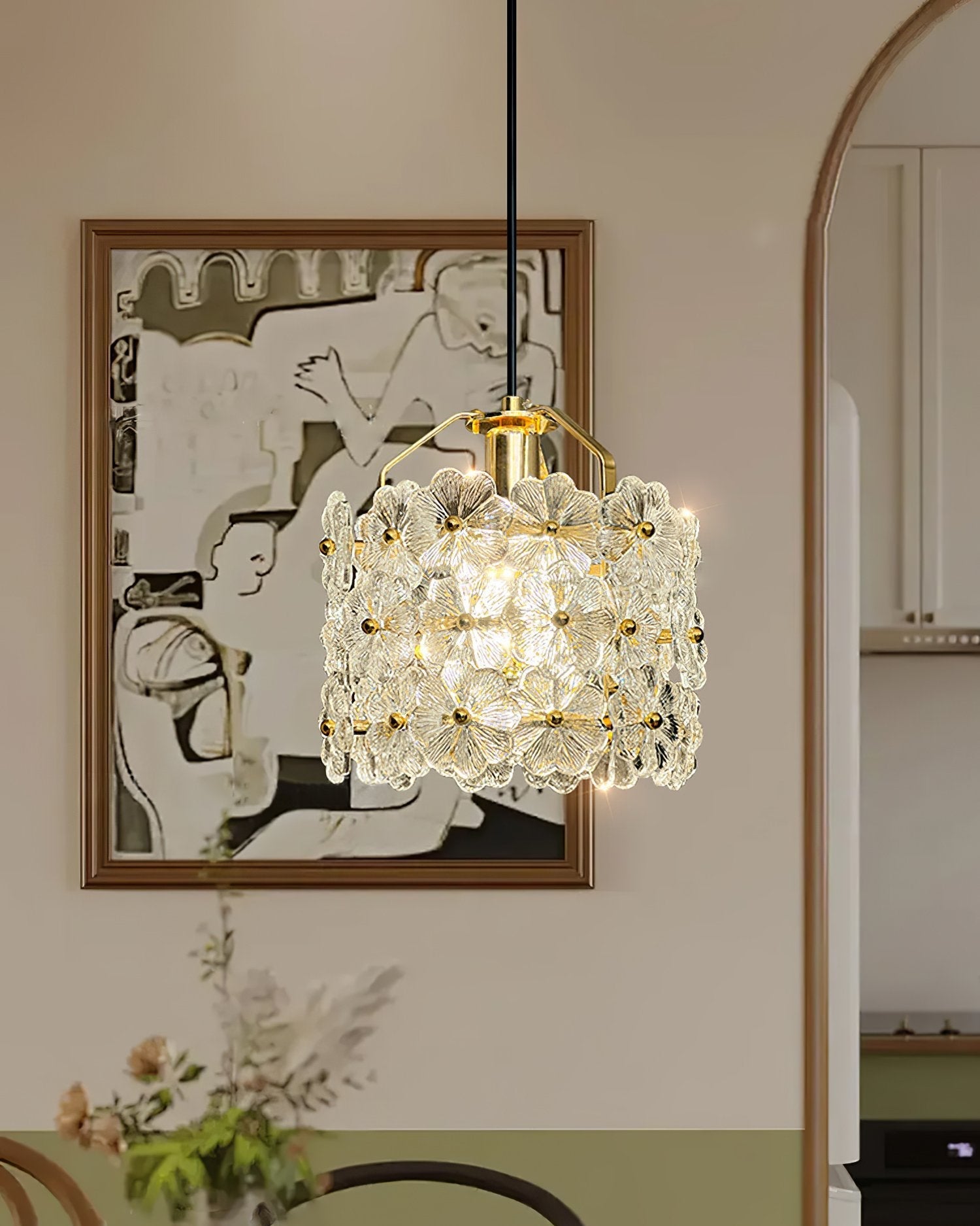 vintage-brass-and-flowered-glass-charlotte-pendant-light-fixture-for-entryway-lighting