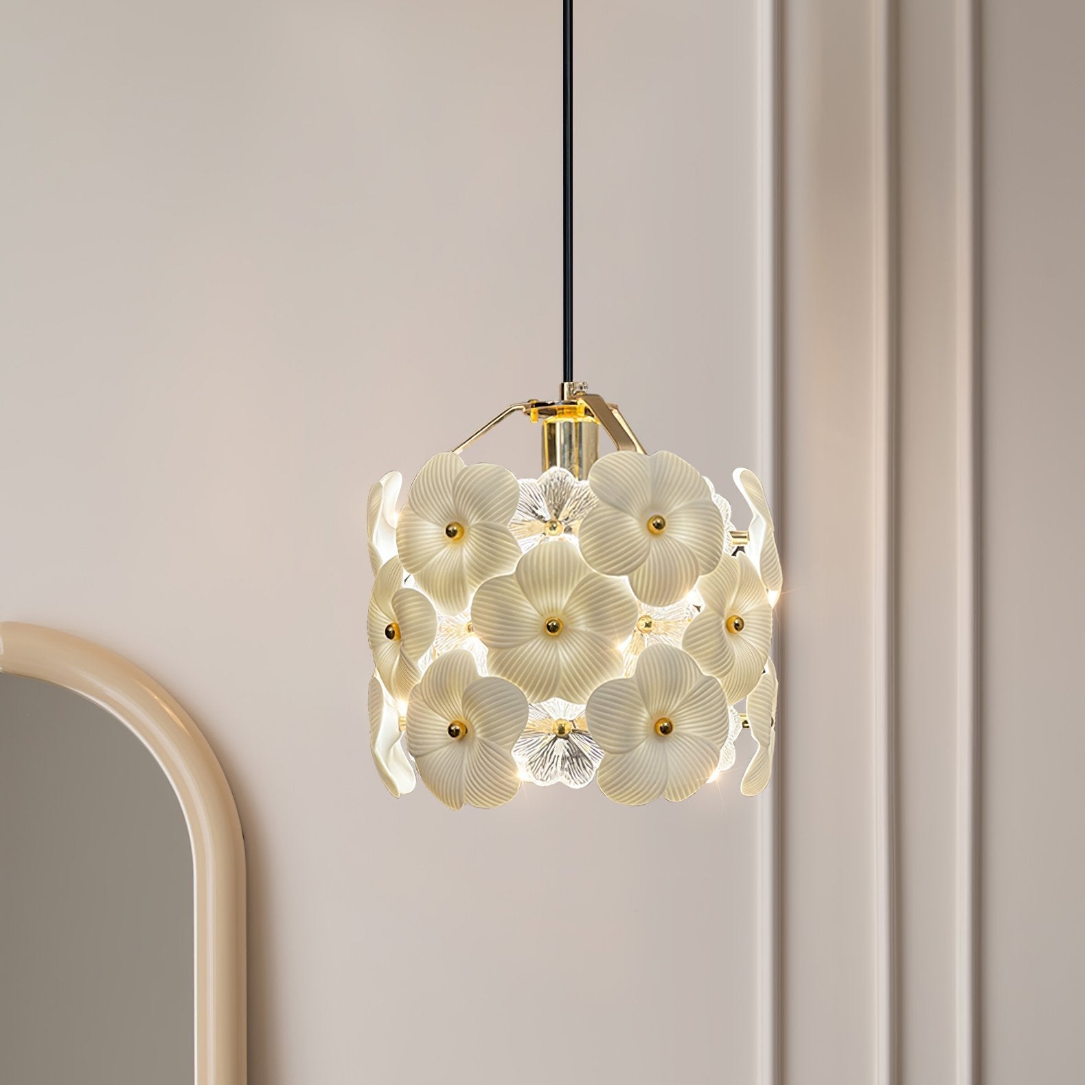 vintage-brass-and-flowered-glass-charlotte-pendant-light-fixture-for-entryway-lighting