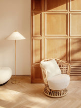Mid Century Modern Rattan Stem Floor Lamp with Elegant Fabric Shade for Indoor Living Spaces