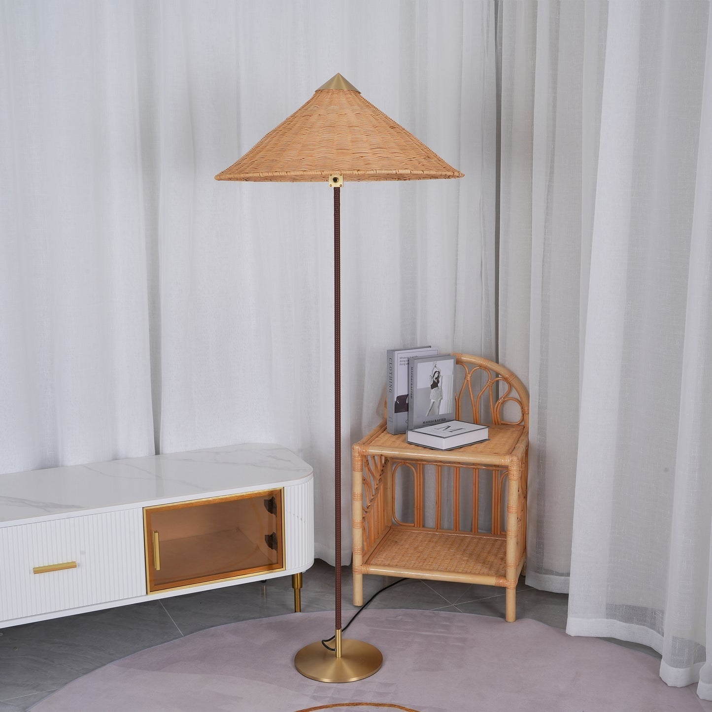 Mid Century Modern Rattan Stem Floor Lamp with Elegant Fabric Shade for Indoor Living Spaces