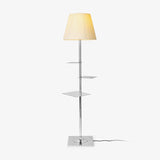 Modern Chrome Prism Floor Lamp with Integrated Side Table and Fabric Shade