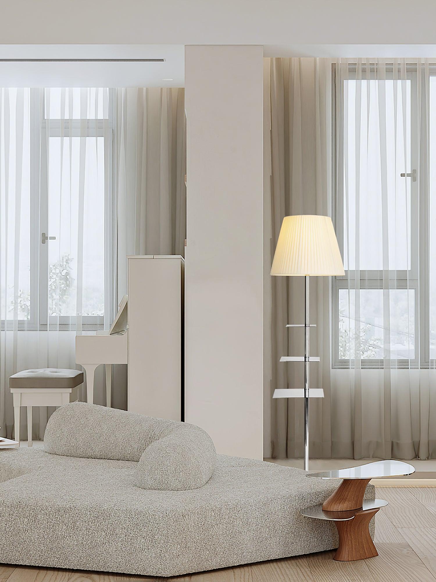 Modern Chrome Prism Floor Lamp with Integrated Side Table and Fabric Shade