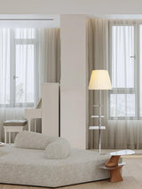 Modern Chrome Prism Floor Lamp with Integrated Side Table and Fabric Shade