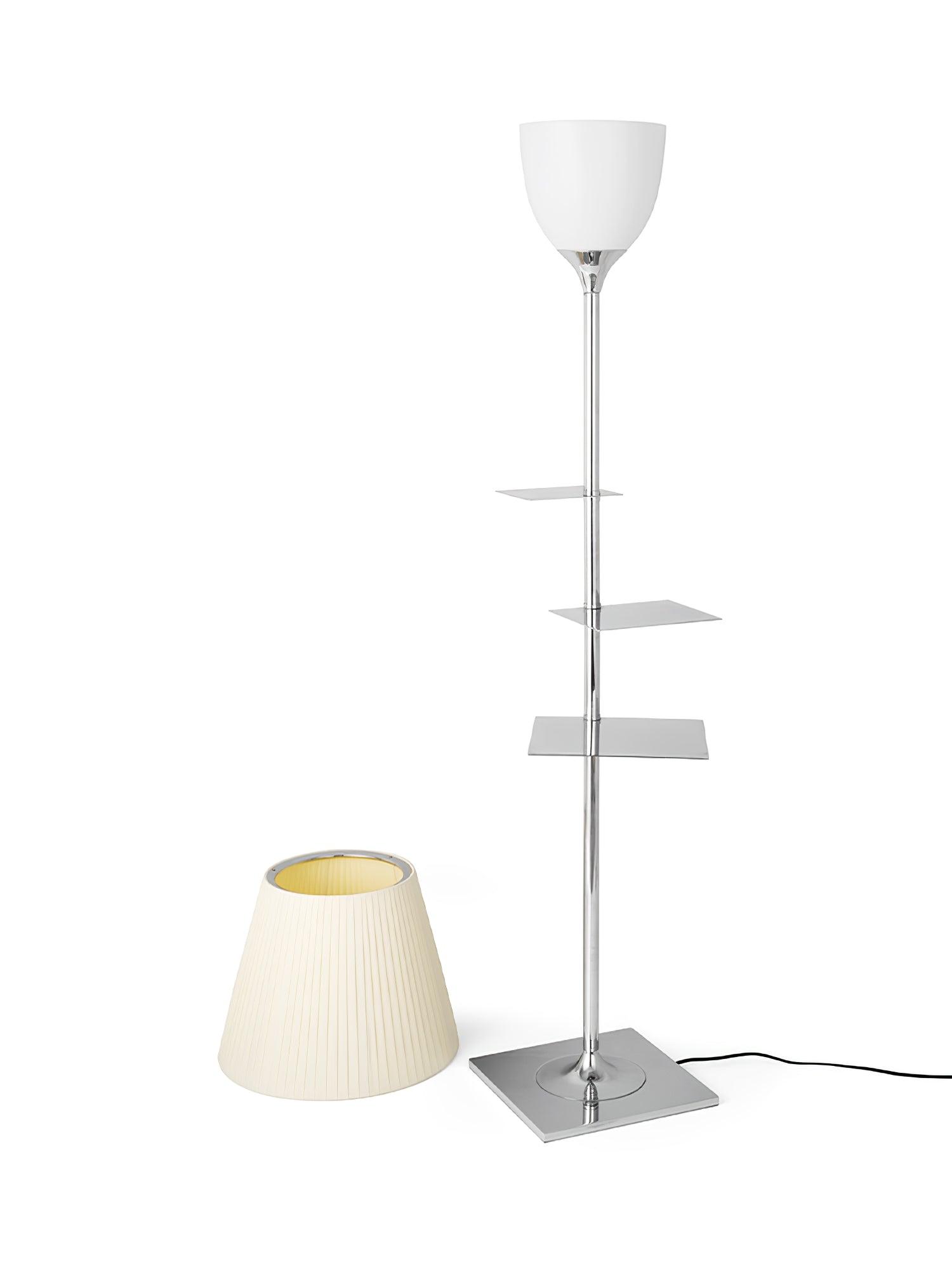 Modern Chrome Prism Floor Lamp with Integrated Side Table and Fabric Shade