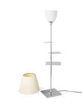 Modern Chrome Prism Floor Lamp with Integrated Side Table and Fabric Shade