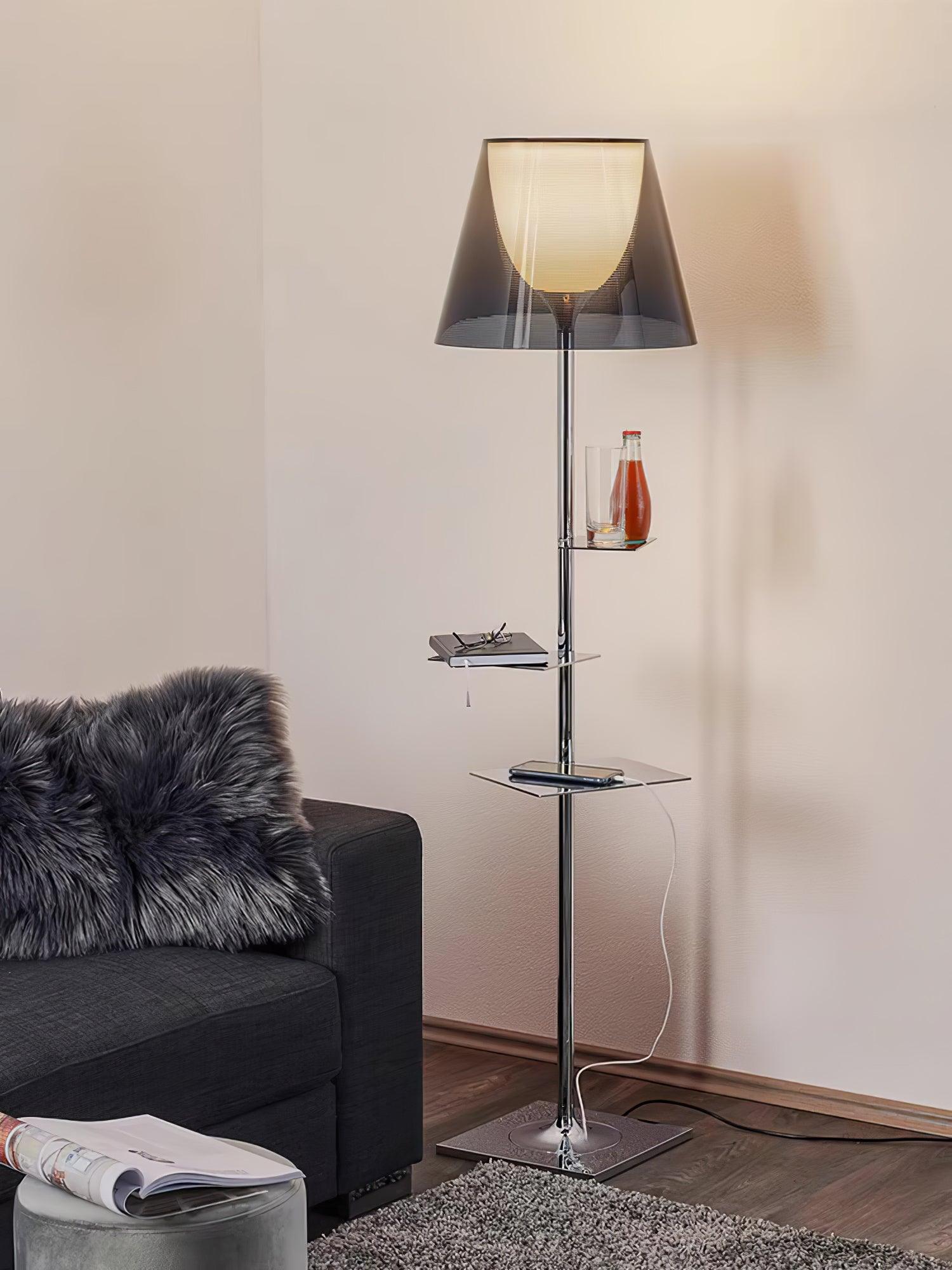 Modern Chrome Prism Floor Lamp with Integrated Side Table and Fabric Shade