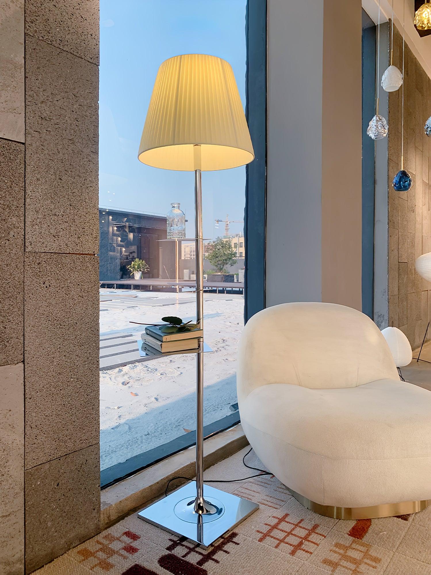Modern Chrome Prism Floor Lamp with Integrated Side Table and Fabric Shade