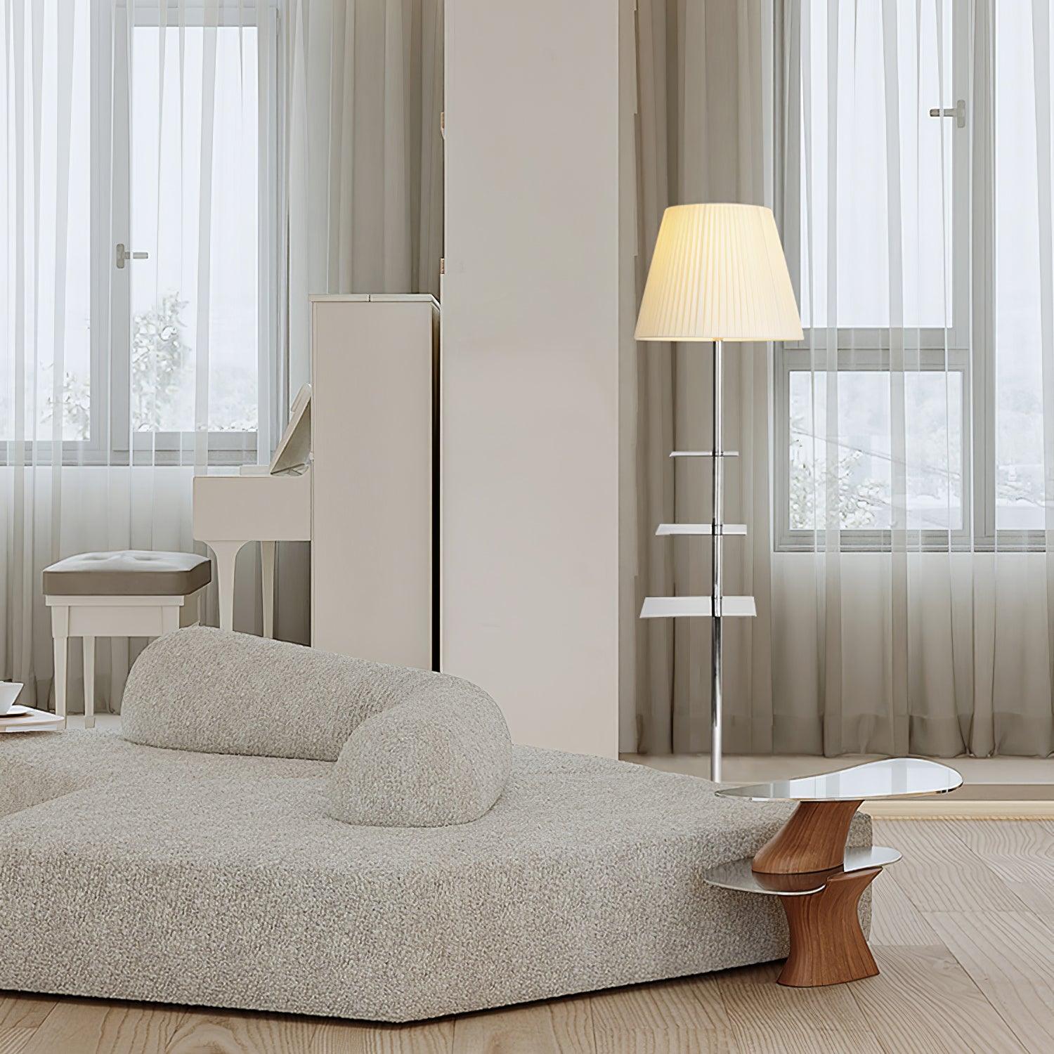 Modern Chrome Prism Floor Lamp with Integrated Side Table and Fabric Shade