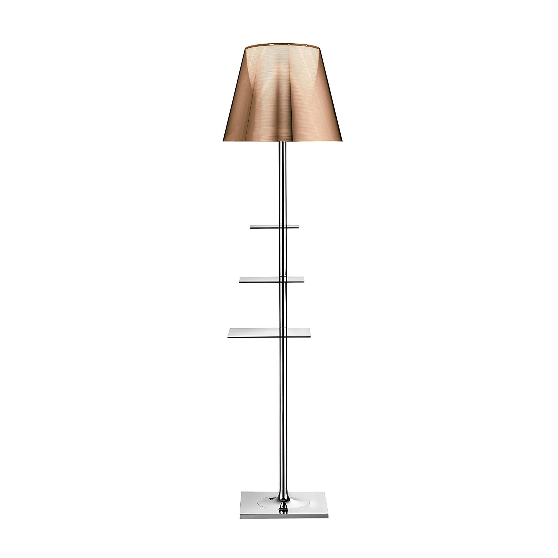 Modern Chrome Prism Floor Lamp with Integrated Side Table and Fabric Shade