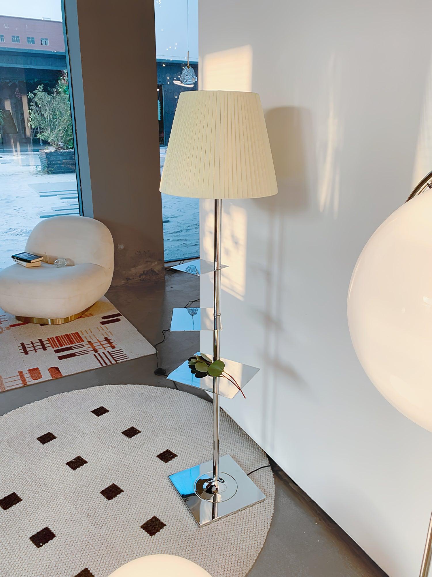 Modern Chrome Prism Floor Lamp with Integrated Side Table and Fabric Shade