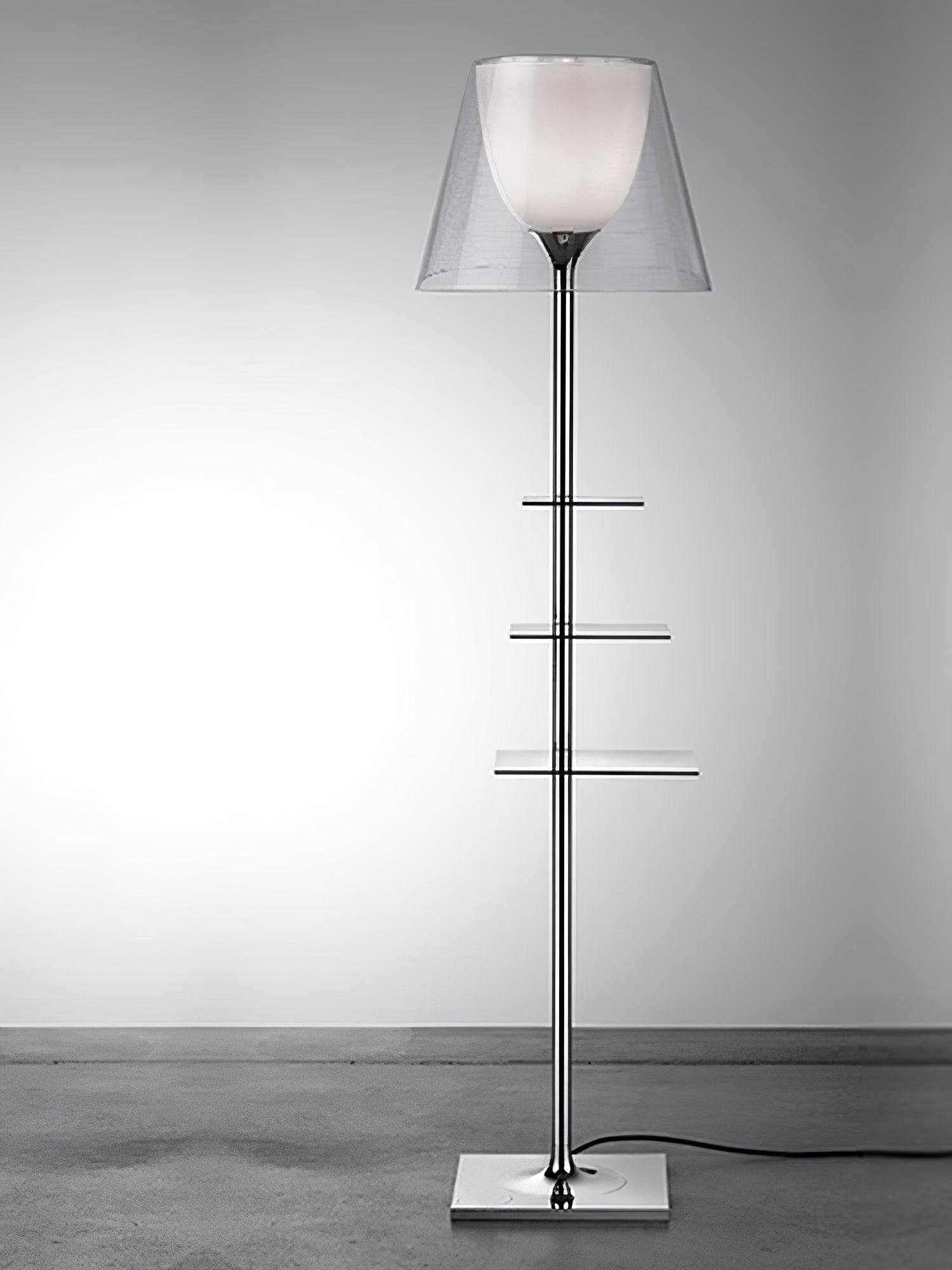 Modern Chrome Prism Floor Lamp with Integrated Side Table and Fabric Shade