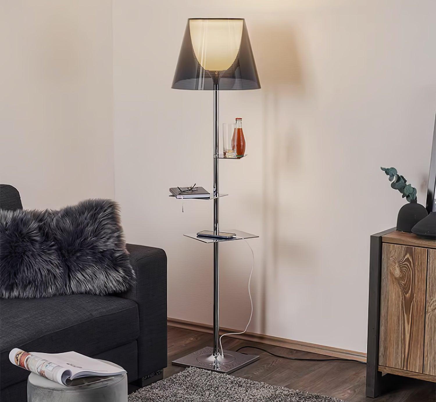 Modern Chrome Prism Floor Lamp with Integrated Side Table and Fabric Shade